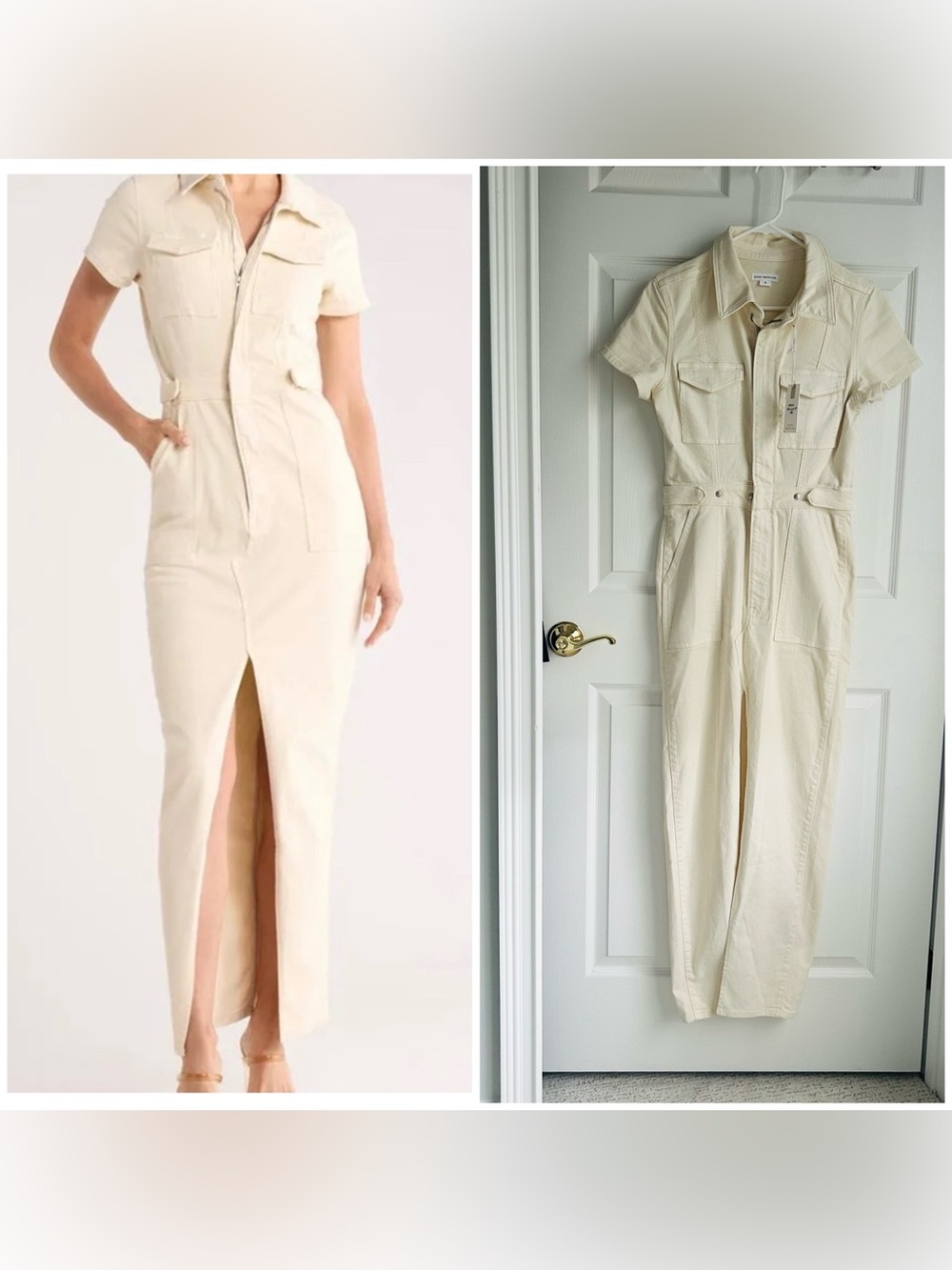 NWT good American Women's Cream Jean Utility Zip-Front Jumpsuit dress